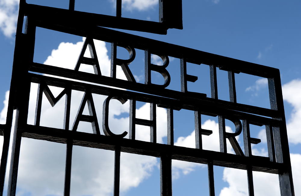 Work will set you free gate at Sachsenhausen Concentration Camp, Oranienburg, Germany.