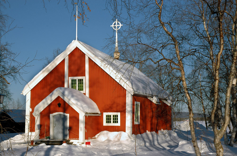 Red church in Jukkasjärvi, Sweden.
